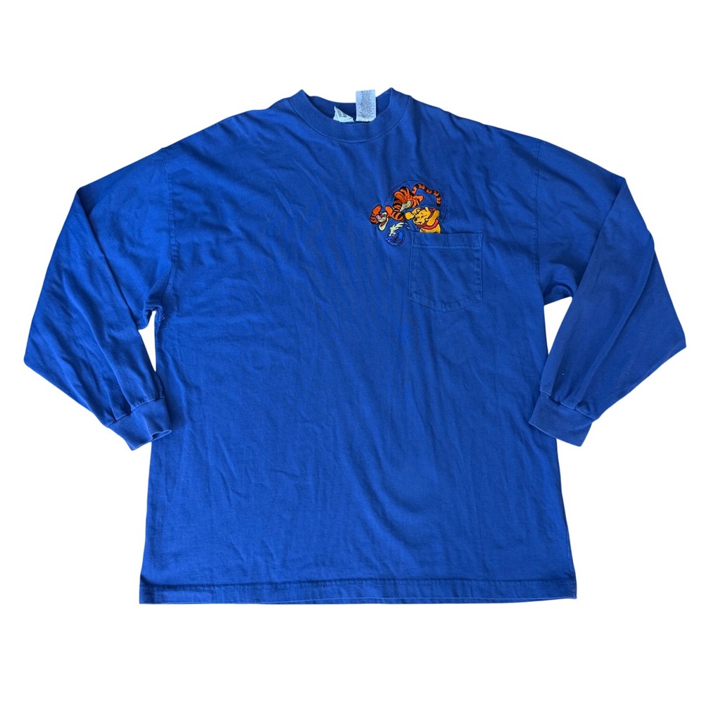 Vintage Disney Store Winnie the Pooh Tigger Embroidered‎ Pocket T-Shirt Blue XXL